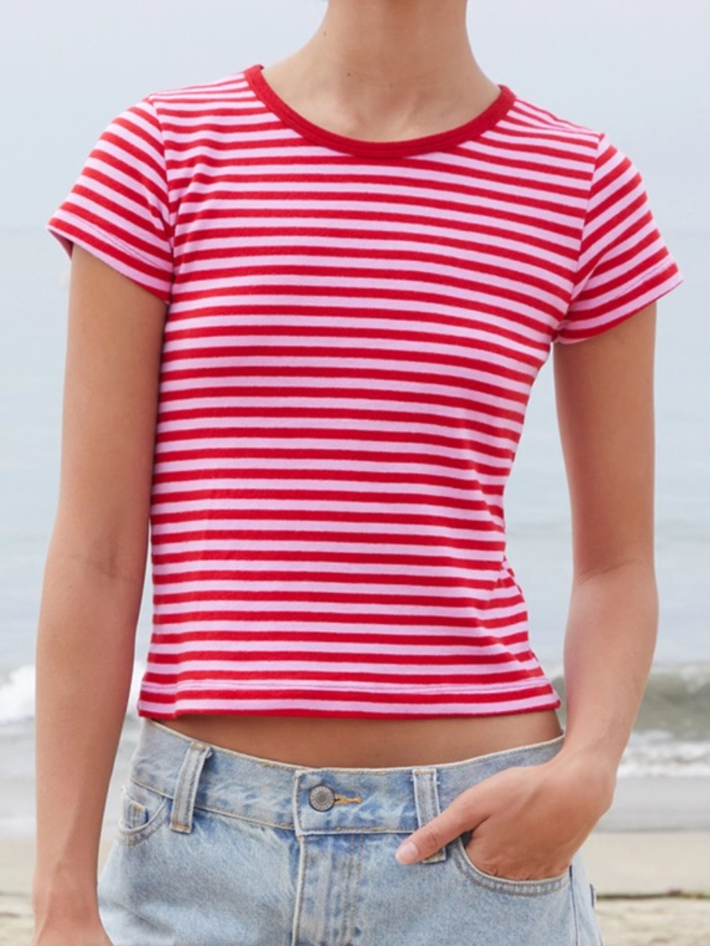 John Galt Hailie Red and Pink Striped Short Sleeve Crop Top Y2K Boho One Size